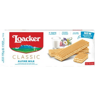 A pack of classic Loacker Milk cream-filled wafer cookies.