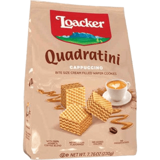 Loacker Quadratini Cappuccino wafer cubes with light cream layers.
