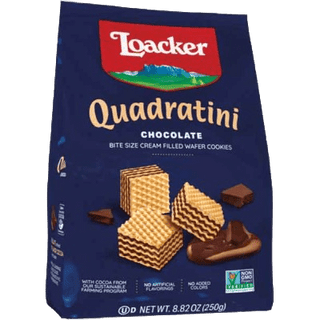 A bag of Loacker Quadratini Chocolate cream-filled wafer cubes.
