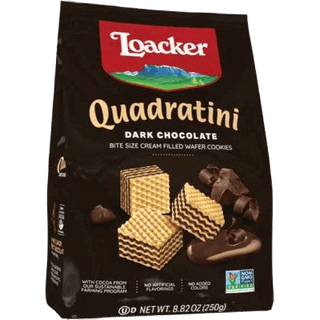 A bag of Loacker Quadratini Dark Chocolate wafer cubes.