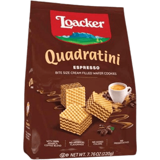 A bag of Loacker Quadratini Espresso bite-sized wafer cubes.