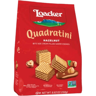 Loacker Quadratini Hazelnut wafers featuring Italian roasted hazelnuts.