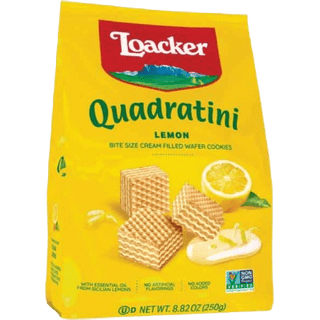 Loacker Quadratini Lemon wafer cubes with a bright citrus filling.