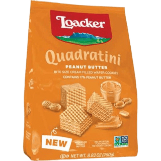 Loacker Quadratini Peanut Butter wafer cubes showing creamy layers.