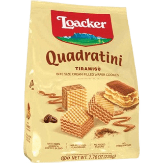 Tiramisu flavored Loacker Quadratini wafer cubes in a pile.