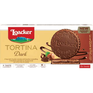 A Loacker Tortina Dark Chocolate wafer disc with a rich cocoa coating.