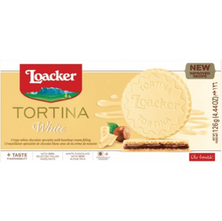 Loacker Tortina White Chocolate wafer covered in creamy white chocolate.