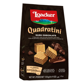 Loacker Quadratini Dark Chocolate packaging on a white background