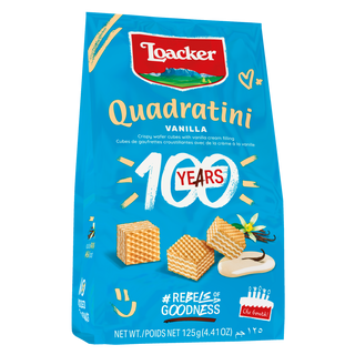 Loacker Quadratini Vanilla cookies packaging on a white background