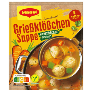 Maggi Griesscklöschen Suppe packaging with a bowl of soup and ingredients on a yellow background