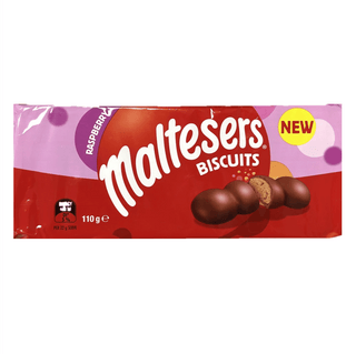 Maltesers Biscuits packaging with red and pink design on a white background