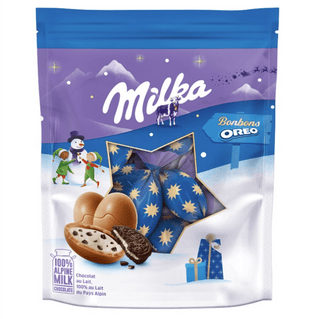 Milka Oreo Bonbons packaging with a winter-themed design on a white background