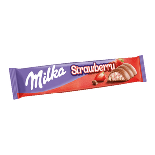 Milka Strawberry chocolate bar packaging on a white background
