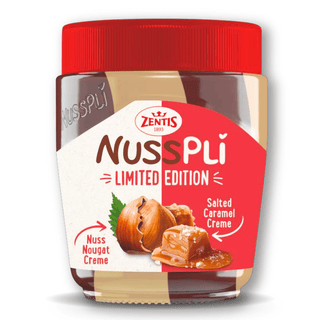 Jar of Zentis NussPlá limited edition salted caramel creme on a white background