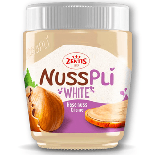 Jar of Zentis NussPlö White hazelnut cream on a white background