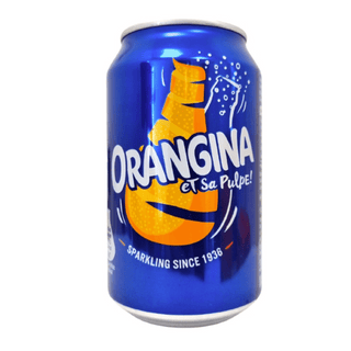 Blue can of Orangina with orange design on a white background