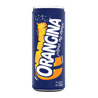 Orangina can on a white background