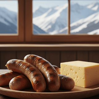 Platter of sausages and cheese with a mountain view through a window.