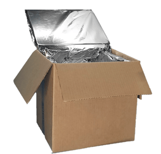 Cardboard box with reflective insulation inside on a white background