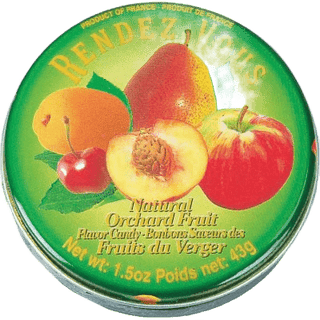 A colorful tin of Rendezvous Orchard Fruit flavored hard candies.