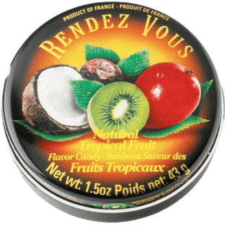 Rendezvous Tropical Fruit candy tin showing exotic fruit flavors.