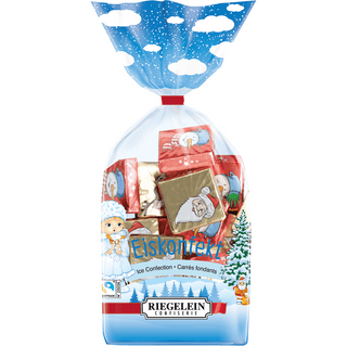 Packaged candy with festive design featuring Santa Claus and a Christmas tree, branded 'Riegelein'.