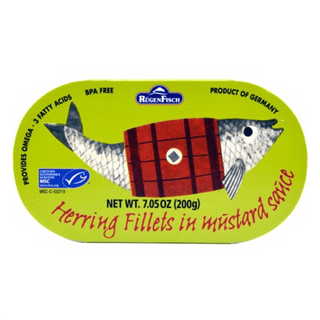 german rügenfisch herring in mustard in retro tin