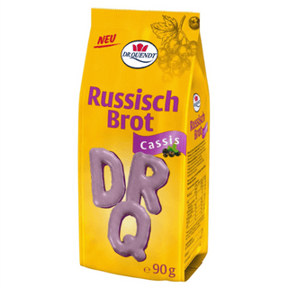 Yellow package of Dr. quendt Russisch Brot Cassis with purple text and logo on a white background