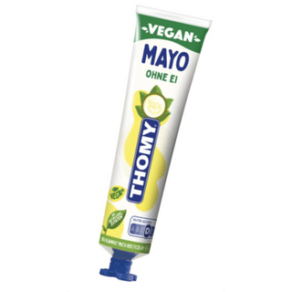 Tube of Thomy vegan mayo on a white background