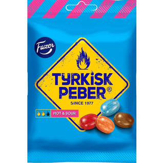 A bag of Fazer Tyrkisk Peber Hot & Sour salty liquorice candies.