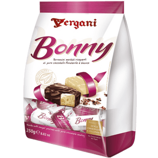 An assortment of Vergani soft nougat dipped in dark and white chocolate.