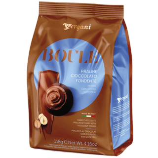 Round Vergani dark chocolate boules with a hazelnut cream center.