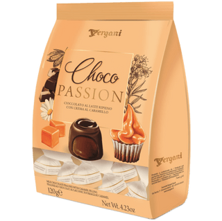 Vergani Choco Passion milk chocolate pralines with a caramel filling.
