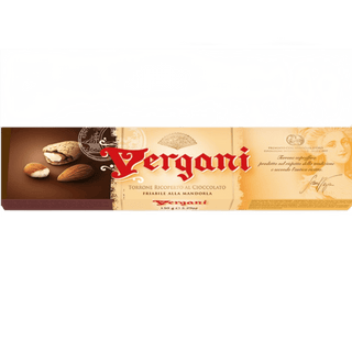 Vergani crunchy almond nougat bar with chocolate layers.