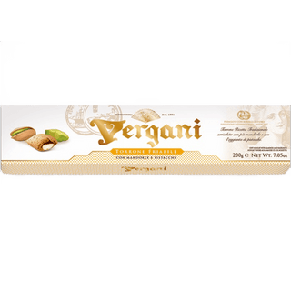Vergani crunchy brittle nougat bar with almonds and pistachios.