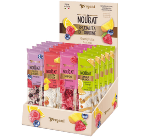Vergani Frutti di Bosco soft nougat bar with wild berry pieces.