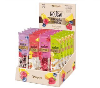 Vergani Soft Nougat bar with dried raspberry pieces.