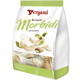 Vergani Morbidi soft white nougat with whole roasted almonds.
