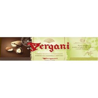 Vergani soft almond nougat bar with a chocolate coating or swirl.