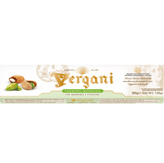 Vergani soft nougat bar featuring whole almonds and pistachios.