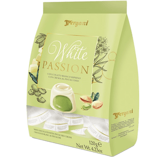 Vergani White Chocolate Pralines with a green pistachio cream center.