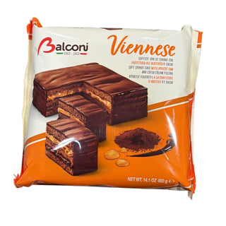Packaged chocolate dessert labeled 'Balconi Viennese' on a concrete floor.
