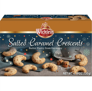 Box of Wicklein Salted Caramel Crescents butter pastry with a festive design.