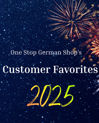 Fireworks display with 'One Stop German Shop's Customer Favorites 2025' text on a dark blue background.