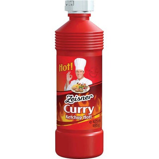Red bottle of Zeisner Curry Ketchup Hot with a chef on the label against a white background