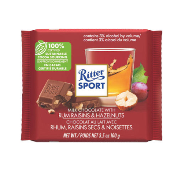 german milk chocolate from ritter sport with rum raisin and hazelnut filling