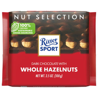 German dark chocolate from ritter sport with whole hazelnuts